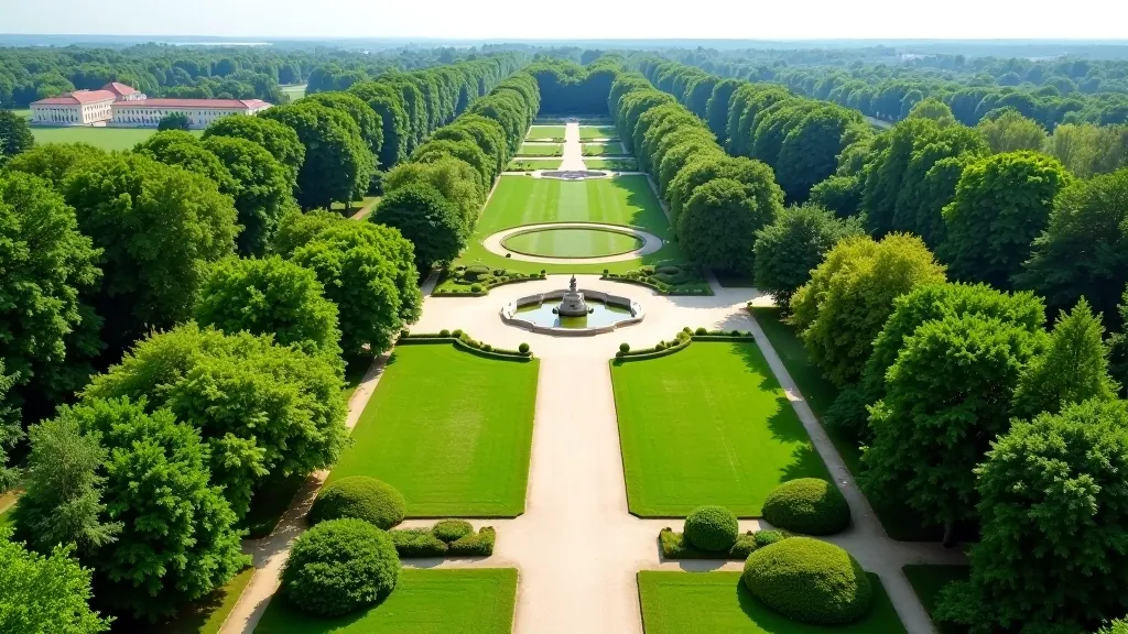 Rozległy park z drzewami, trawnikami i wąskimi alejami spacerkowymi