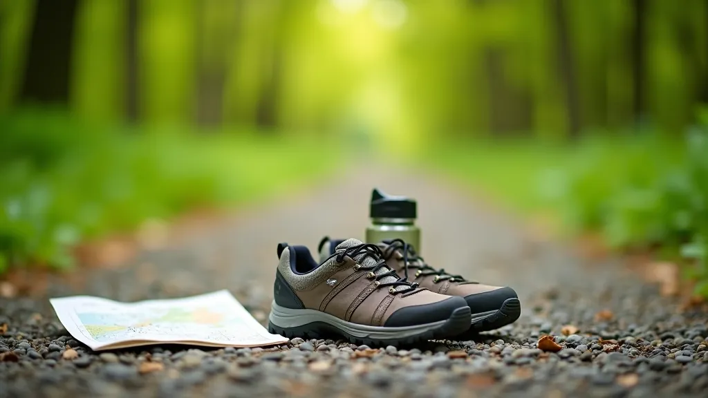 Para wygodnych butów trekkingowych na żwirowej ścieżce, obok butelka wody i mapa ogrodów