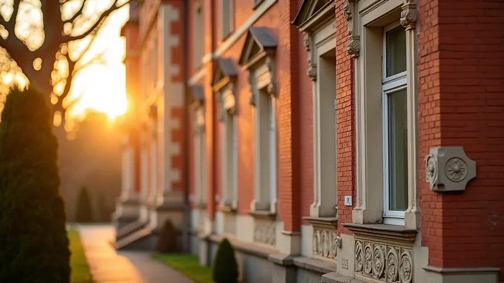 Detale architektoniczne historycznego pałacu z czerwonej cegły i białymi dekoracjami