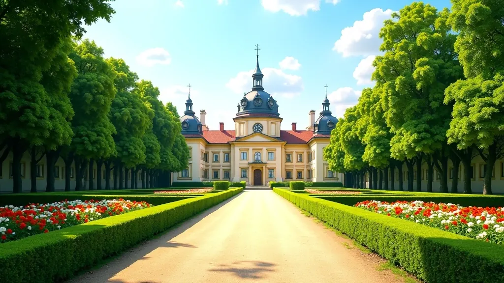Historyczny pałac Rogalina otoczony zielonymi ogrodami i kwiatami