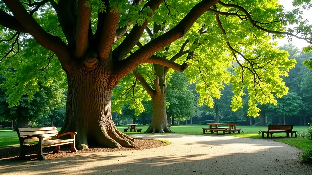 Duże drzewo w centrum arboretum z ławkami do siedzenia w cieniu