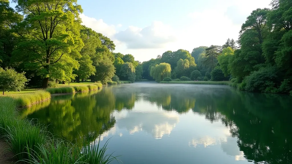 Jezioro w arboretum z refleksją nieba, brzegowe rośliny wodne, spokojny krajobraz